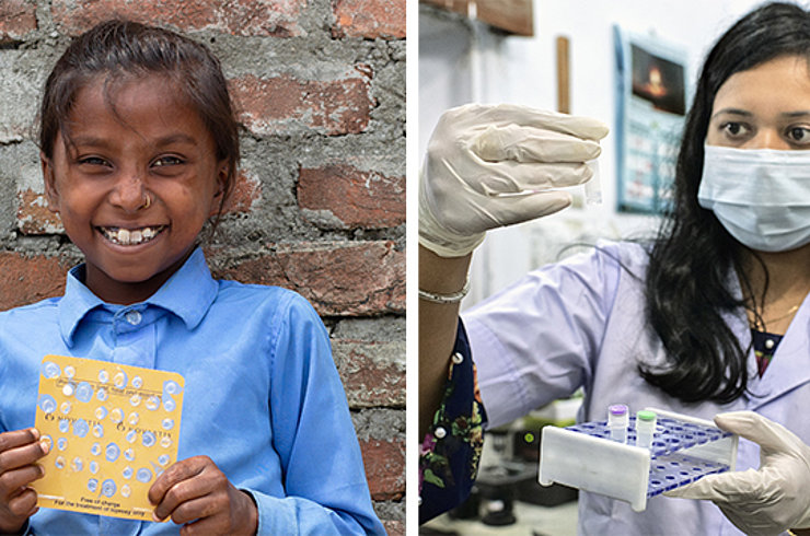 Maya (l.) wurde gemobbt und musste die Schule verlassen. Dank der Antibiotikatherapie konnte die Lepra gestoppt werden. Eine Laborantin (r.) bei der Arbeit im Forschungslabor des Spitals der Lepra-Mission in Bangladesch. Foto: zvg; Fabeha Monir